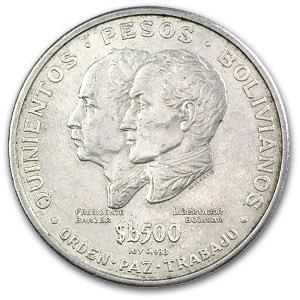 1975 Bolivia Silver 500 Pesos Bolivianos XF 1975 Bolivia Silver 500 Pesos Bolivianos XF