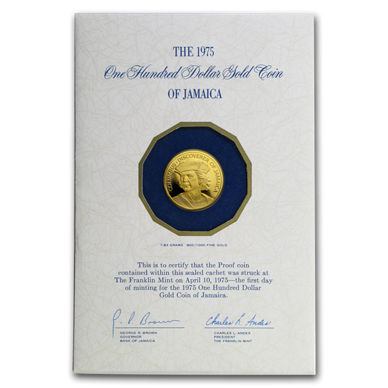 1975 Jamaica Gold 100 Dollars Columbus Proof 1975 Jamaica Gold 100 Dollars Columbus Proof