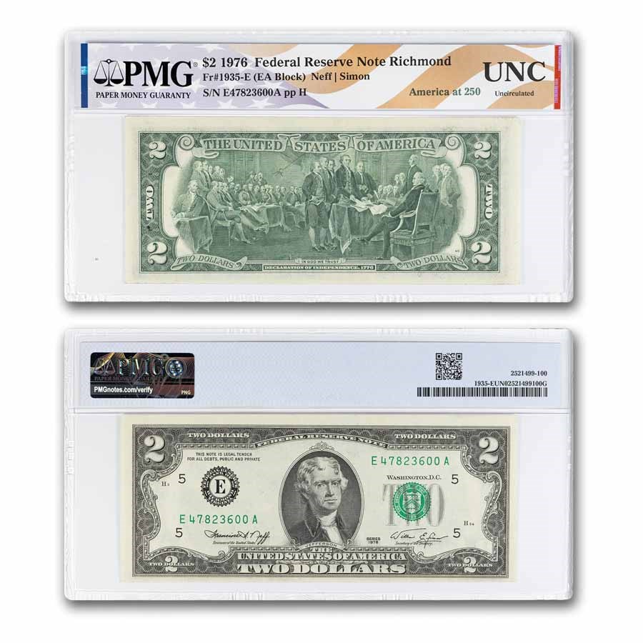 1976 $2.00 FRN UNC PMG (Fr#1935-E), America's 250th Label