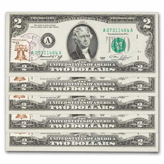 1976 (A-Boston) $2 FRN 1st Day Stamp CU (Fr#1935-A) 5 Consecutive