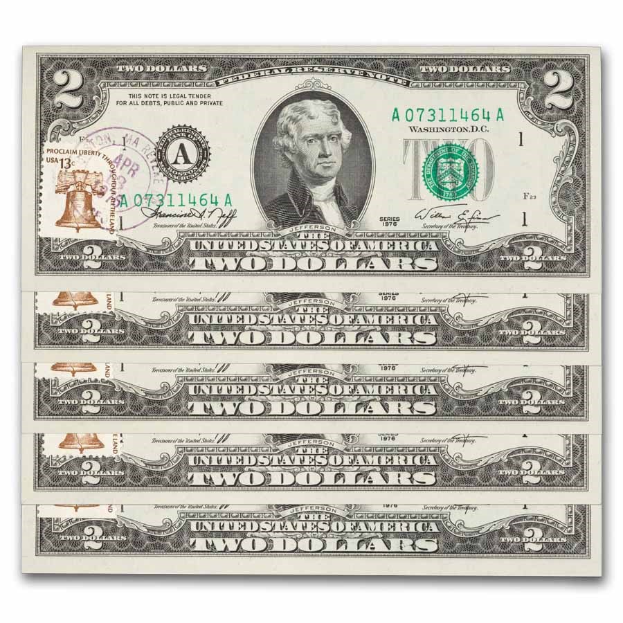 1976 (A-Boston) $2 FRN 1st Day Stamp CU (Fr#1935-A) 5 Consecutive