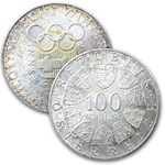 1976 Austria Silver 100 Schillings Winter Olympics BU/Proof