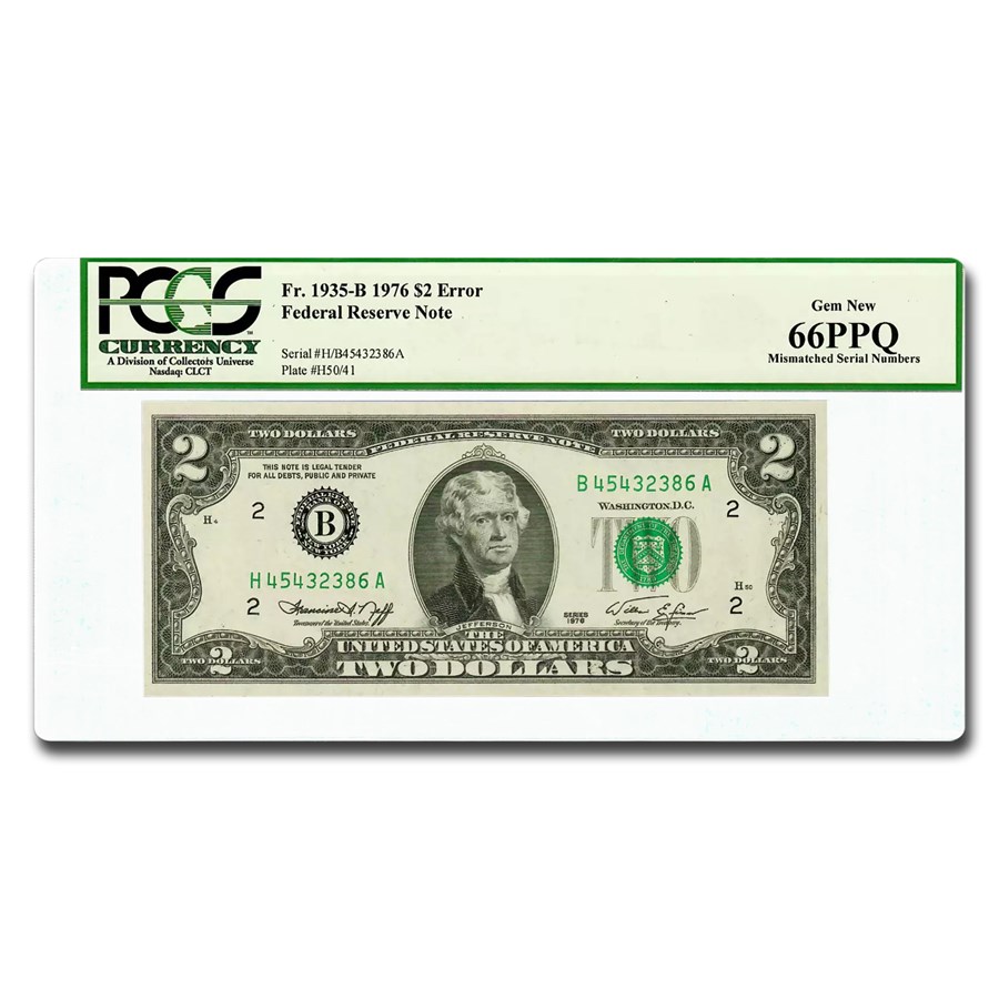 1976 (B-New York) $2.00 FRN Gem CU-66 PPQ PCGS (Fr#1935-B) Error