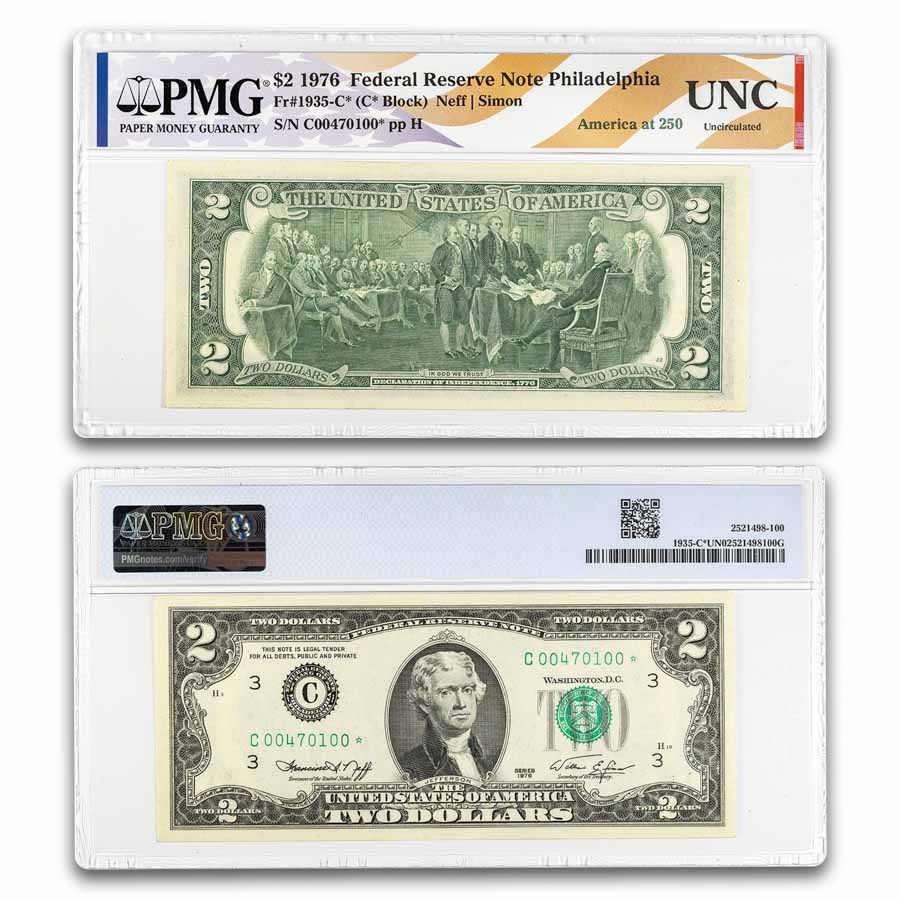 1976* (C-Phil) $2.00 FRN Unc PMG (Fr#1935-C*) America 250th-Star