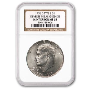 1976-D Clad Ike Dollar MS-65 NGC (Type-2, Obv Misaligned Die) 1976-D Clad Ike Dollar MS-65 NGC (Type-2, Obv Misaligned Die)