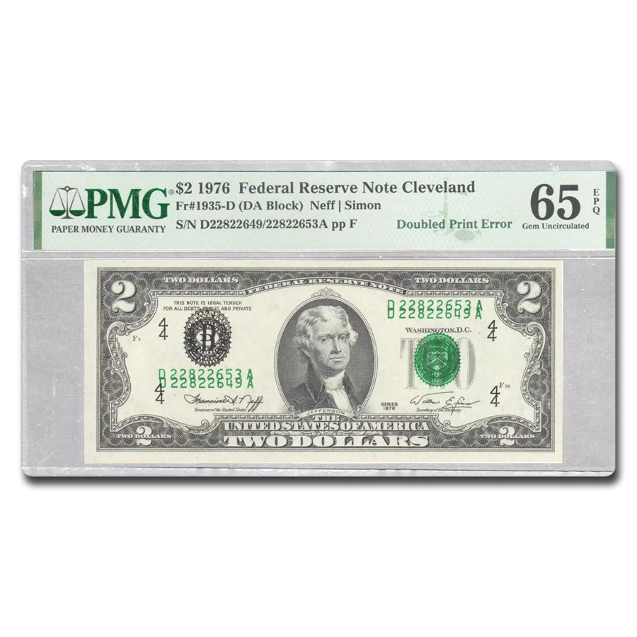 1976 (D-Clevela) $2 FRN CU-65 EPQ PMG (Fr#1935-D) Overprint Error