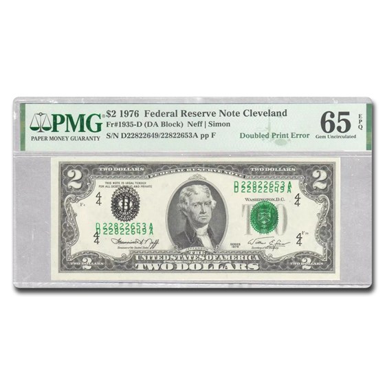 1976 (D-Clevela) $2 FRN CU-65 EPQ PMG (Fr#1935-D) Overprint Error 1976 (D-Clevela) $2 FRN CU-65 EPQ PMG (Fr#1935-D) Overprint Error
