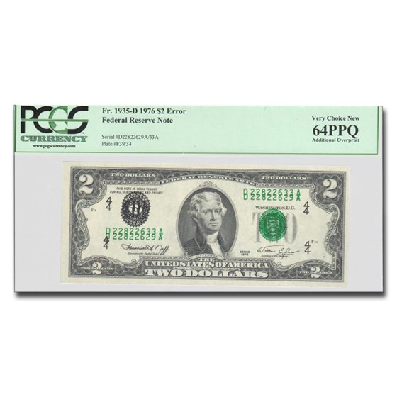 1976 (D-Cleveland) $2.00 FRN CU-64 PCGS PPQ (Fr#1935-D) Overprint