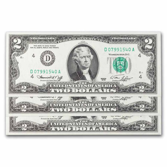 1976 (D-Cleveland) $2.00 FRN CU (Fr#1935-D) 3 Consecutive