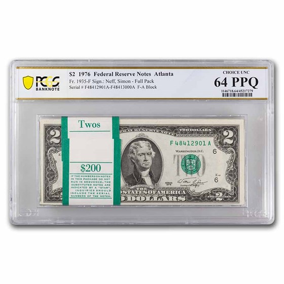 1976 (F-Atlanta) $2 FRN CU PCGS 64 PPQ(Fr#1935-F) 100 Consecutive 1976 (F-Atlanta) $2 FRN CU PCGS 64 PPQ(Fr#1935-F) 100 Consecutive