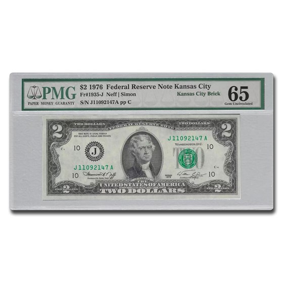 1976 (J-Kansas City) $2 FRN Gem CU-65 PMG (Fr#1935-J) 1976 (J-Kansas City) $2 FRN Gem CU-65 PMG (Fr#1935-J)