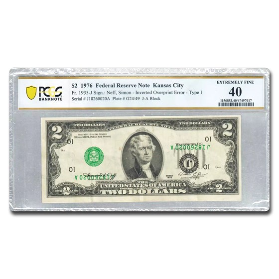 1976 (J-Kansas City) $2 FRN XF-40 PCGS (Fr#1935-J) Inv. Overprint 1976 (J-Kansas City) $2 FRN XF-40 PCGS (Fr#1935-J) Inv. Overprint