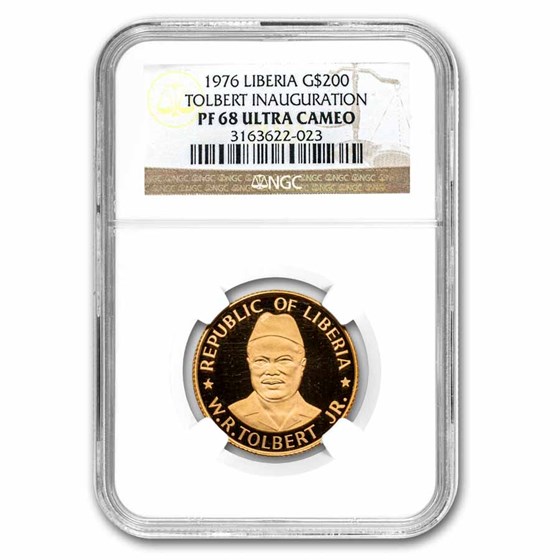 1976 Liberia Gold 200 Dollars Tolbert Inauguration PF-68 NGC 1976 Liberia Gold 200 Dollars Tolbert Inauguration PF-68 NGC