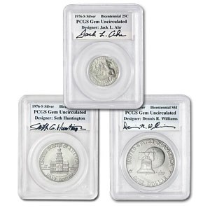 1976-S 3-Coin 40% Silver Autographed Mint Set Gem Unc PCGS 1976-S 3-Coin 40% Silver Autographed Mint Set Gem Unc PCGS