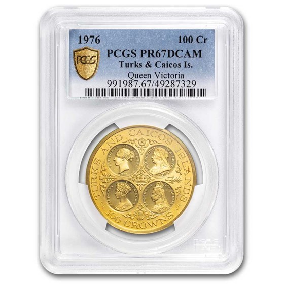 1976 Turks & Caicos Gold 100 Crowns Victoria PR-67 DCAM PCGS 1976 Turks & Caicos Gold 100 Crowns Victoria PR-67 DCAM PCGS