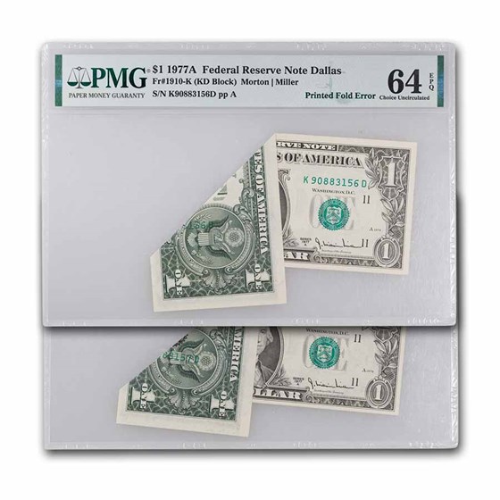 1977-A $1 FRN CU-63-64 EPQ PMG (Fr#1910-K) Fold Over Pair 1977-A $1 FRN CU-63-64 EPQ PMG (Fr#1910-K) Fold Over Pair