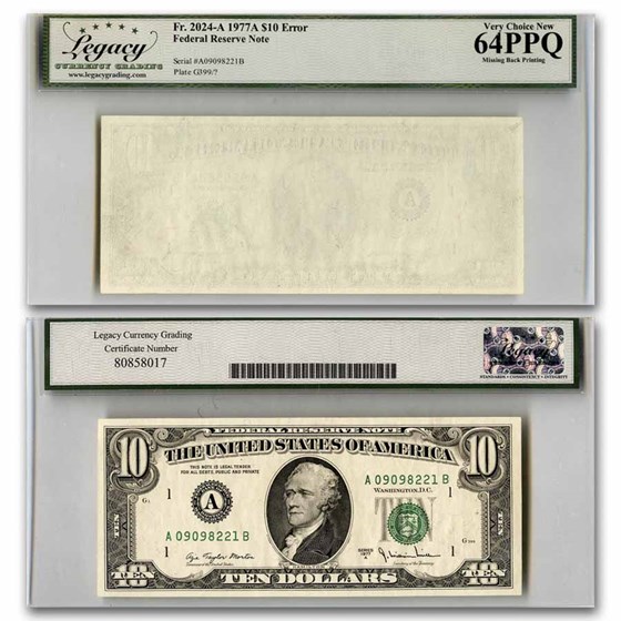 1977-A (A-Boston) $10 FRN CU-64 PPQ Legacy (Fr#2024-E) Error 1977-A (A-Boston) $10 FRN CU-64 PPQ Legacy (Fr#2024-E) Error