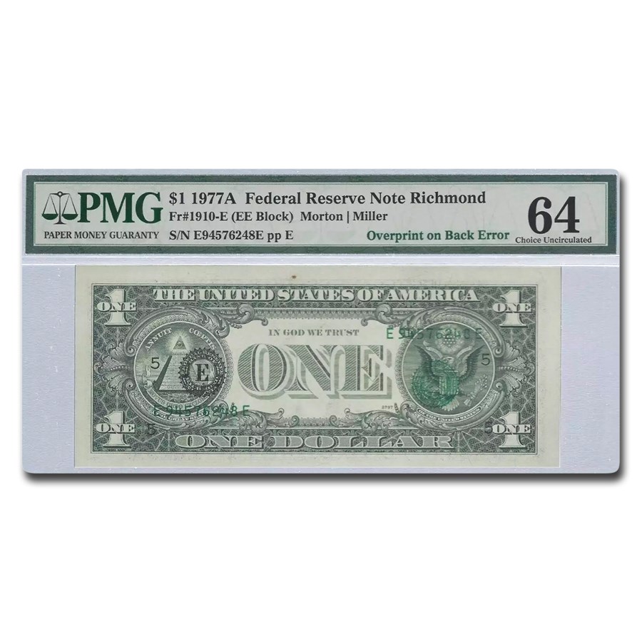 1977-A (E-Rich) $1 FRN CU-64 PMG (Fr#1910-E) Overprint Error