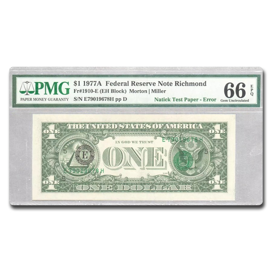 1977-A (E-Rich) $1 FRN CU-66 EPQ PMG (Fr#1910-E) Overprint Error