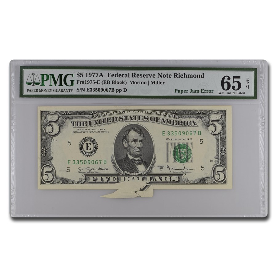 1977-A (E-Rich) $5 FRN CU-65 EPQ PMG(Fr#1974-E) Paper Jam Error
