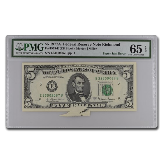 1977-A (E-Rich) $5 FRN CU-65 EPQ PMG(Fr#1974-E) Paper Jam Error 1977-A (E-Rich) $5 FRN CU-65 EPQ PMG(Fr#1974-E) Paper Jam Error