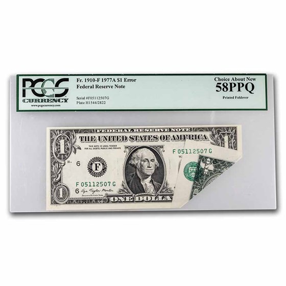 1977-A (F-Atlanta) $1 FRN AU-58 PPQ PCGS(Fr#1910-F)Foldover Error 1977-A (F-Atlanta) $1 FRN AU-58 PPQ PCGS(Fr#1910-F)Foldover Error