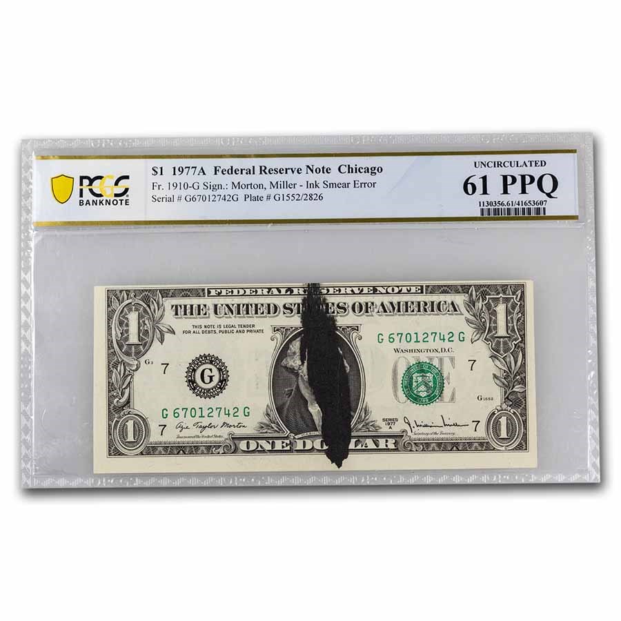 1977-A (G-Chicago) $1 FRN MS-61 PCGS (Fr#1910-G) Ink Smear