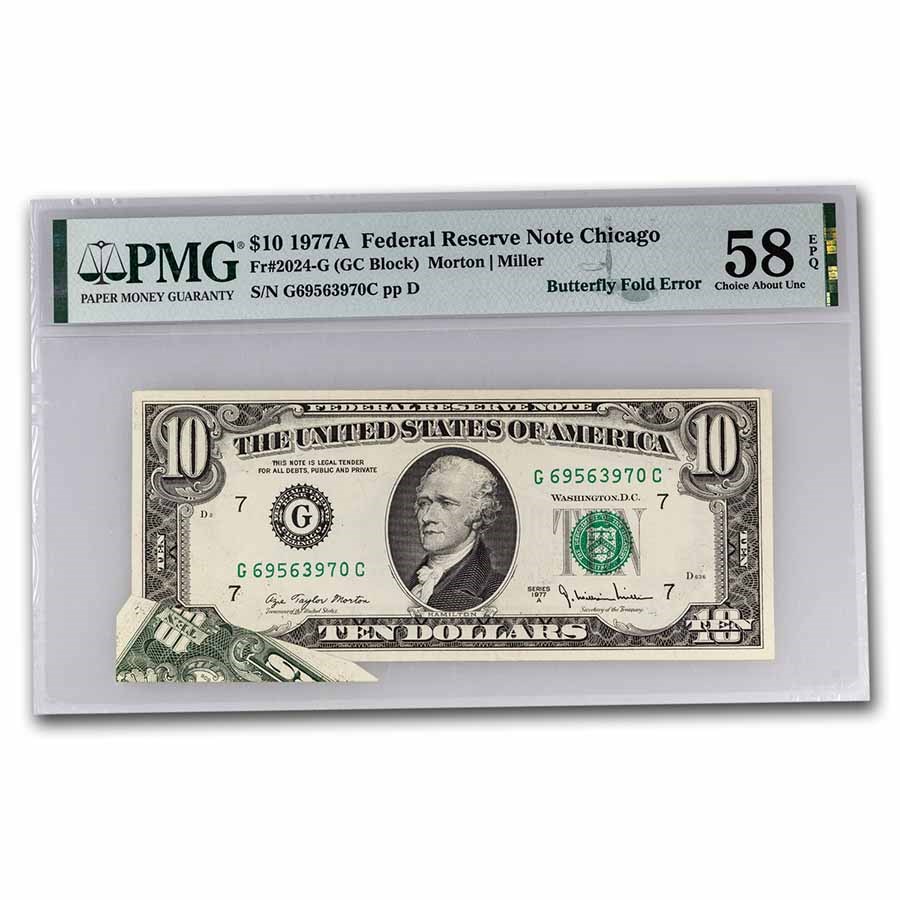 1977-A (G-Chicago) $10 FRN AU-58 EPQ PMG(Fr#2024-G)Butterfly Fold
