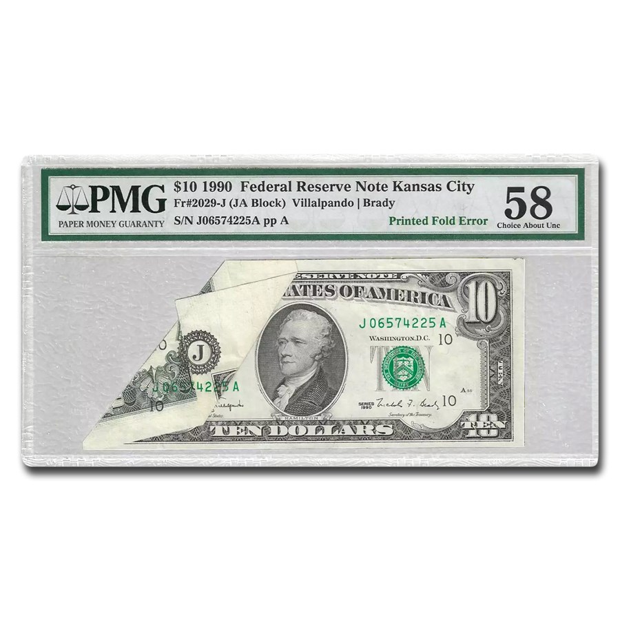 1977-A (J-Kansas City) $10 FRN AU-58 PMG (Fr#2029-J) Printed Fold