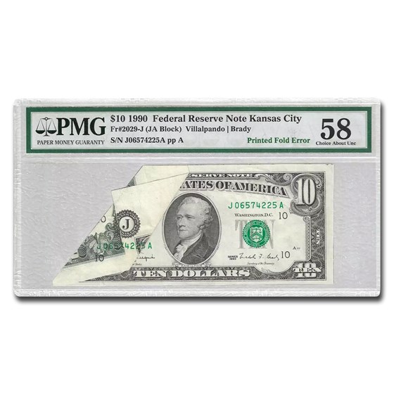 1977-A (J-Kansas City) $10 FRN AU-58 PMG (Fr#2029-J) Printed Fold 1977-A (J-Kansas City) $10 FRN AU-58 PMG (Fr#2029-J) Printed Fold