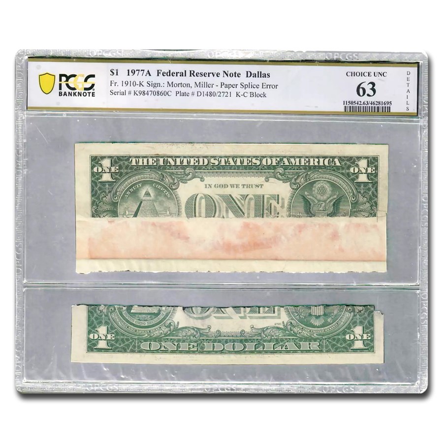 1977-A (K-Dallas) $1 FRN CU-63 PCGS (Fr#1910-K) Details Error