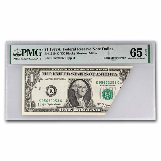 1977-A (K-Dallas) $1 FRN CU-65 EPQ PMG (Fr#1910-K) Fold Over 1977-A (K-Dallas) $1 FRN CU-65 EPQ PMG (Fr#1910-K) Fold Over