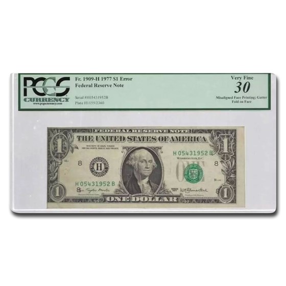 1977 (D-St. Louis) $1.00 FRN VF-30 PCGS (Fr#1909-H) Gutter Fold 1977 (D-St. Louis) $1.00 FRN VF-30 PCGS (Fr#1909-H) Gutter Fold