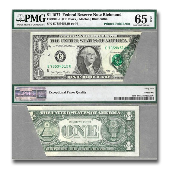 1977 (E-Rich) $1 FRN CU-65 EPQ PMG (Fr#1909-E) Printed Fold Error 1977 (E-Rich) $1 FRN CU-65 EPQ PMG (Fr#1909-E) Printed Fold Error