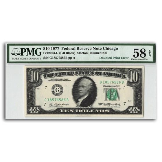 1977 (G-Chicago) $10 FRN AU-58 EPQ PMG (Fr#2023-G) Doubled Print