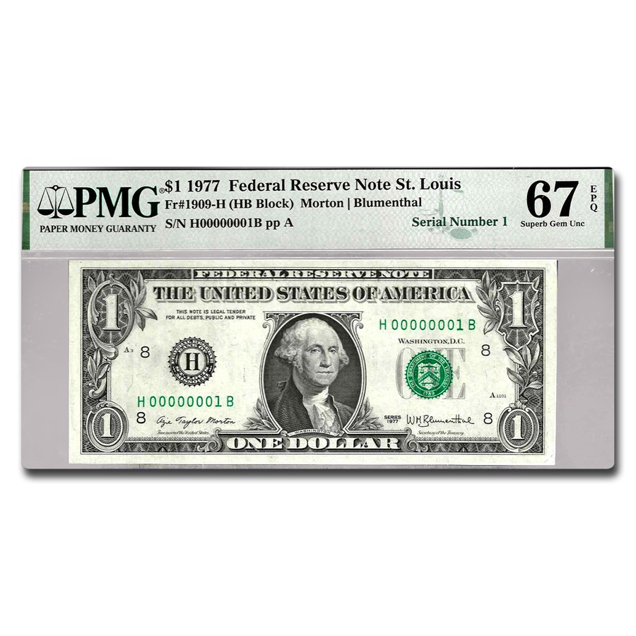 1977 (H-St. Louis) $1 FRN CU-67 EPQ PMG (Fr#1907-H) Serial #1!