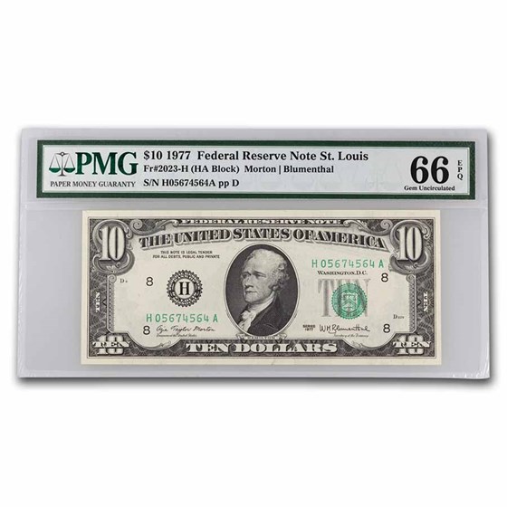 1977 (H-St. Louis) $10 FRN Gem CU-66 EPQ PMG (Fr#2023-H) 1977 (H-St. Louis) $10 FRN Gem CU-66 EPQ PMG (Fr#2023-H)