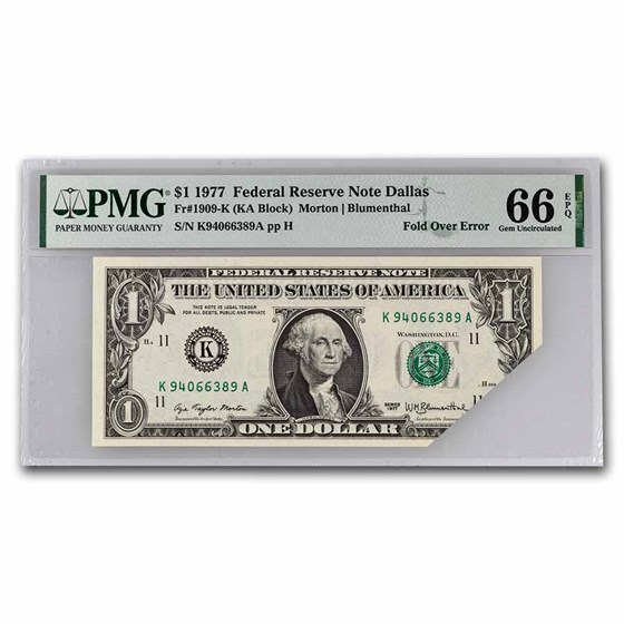 1977 (K-Dallas) $1 FRN CU-66 EPQ PMG (Fr#1909-K) Fold Over 1977 (K-Dallas) $1 FRN CU-66 EPQ PMG (Fr#1909-K) Fold Over