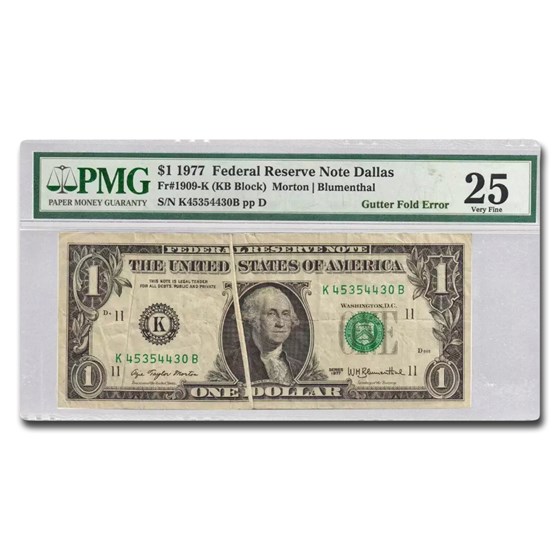 1977 (K-Dallas) $1 FRN VF-25 PMG (Fr#1909-K) Fold Error 1977 (K-Dallas) $1 FRN VF-25 PMG (Fr#1909-K) Fold Error