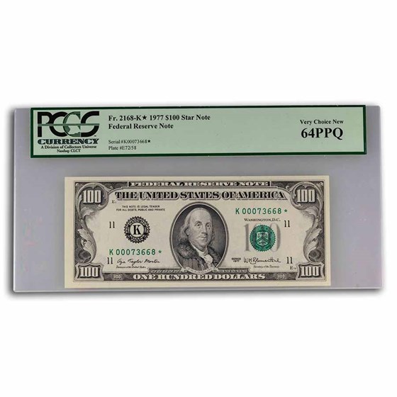 1977* (K-Dallas) $100 FRN CH CU-64 (Fr#2168-K*) Star Note 1977* (K-Dallas) $100 FRN CH CU-64 (Fr#2168-K*) Star Note