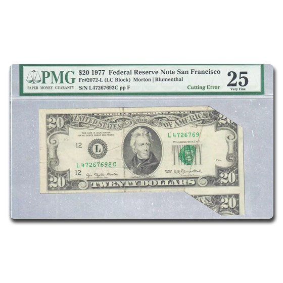 1977 (L-San Francisco) 20 FRN VF-25 PMG (Fr#2072-L) Cut Error 1977 (L-San Francisco) 20 FRN VF-25 PMG (Fr#2072-L) Cut Error