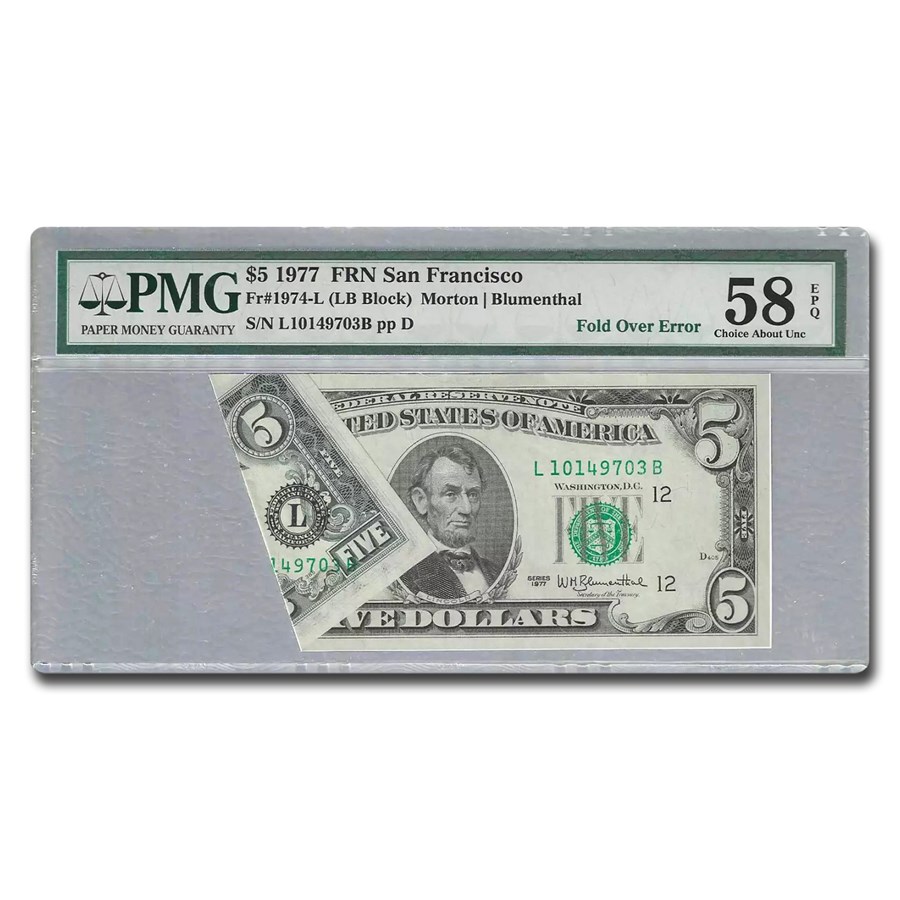 1977 (L-San Francisco) $5 FRN AU-58 EPQ PMG (Fr#1974-L) Fold Over