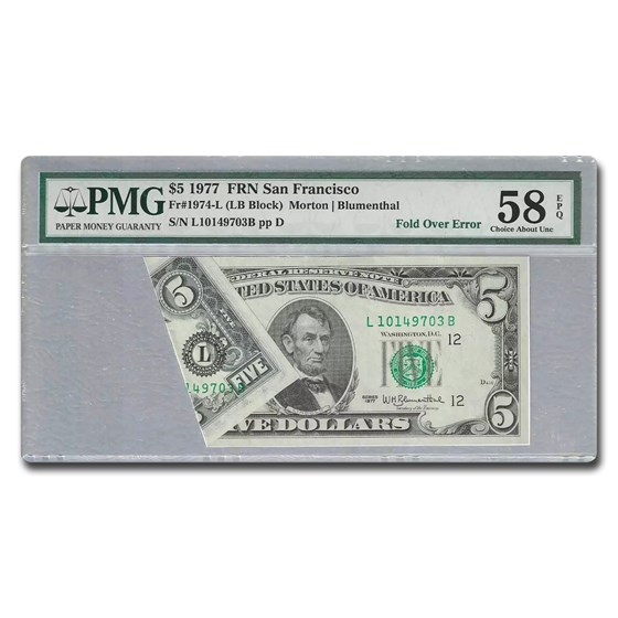 1977 (L-San Francisco) $5 FRN AU-58 EPQ PMG (Fr#1974-L) Fold Over 1977 (L-San Francisco) $5 FRN AU-58 EPQ PMG (Fr#1974-L) Fold Over
