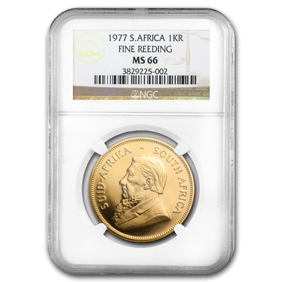 1977 South Africa 1 oz Gold Krugerrand MS-66 NGC (Fine Reeding) 1977 South Africa 1 oz Gold Krugerrand MS-66 NGC (Fine Reeding)
