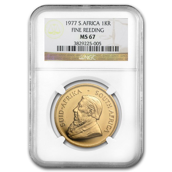 1977 South Africa 1 oz Gold Krugerrand MS-67 NGC (Fine Reeding) 1977 South Africa 1 oz Gold Krugerrand MS-67 NGC (Fine Reeding)