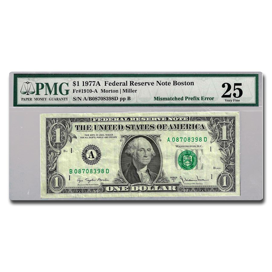1977A $1 FRN VF-25 PMG (Fr#1910-A) Mismatched Prefix Error