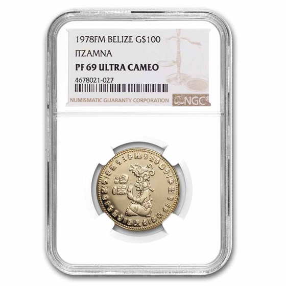1978 Belize Proof Gold 100 Dollars Itzamna PF-69 NGC 1978 Belize Proof Gold 100 Dollars Itzamna PF-69 NGC