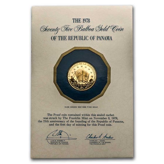 1978 Panama Gold 75 Balboas 75th Anniversary Ind. Proof w/Folder 1978 Panama Gold 75 Balboas 75th Anniversary Ind. Proof w/Folder