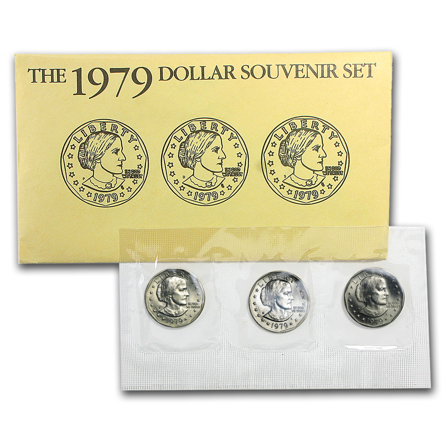 Anthony Dollars Souvenir 3 Coin Set P D S Mint Envelope SBA Dollar 1980 Susan B 