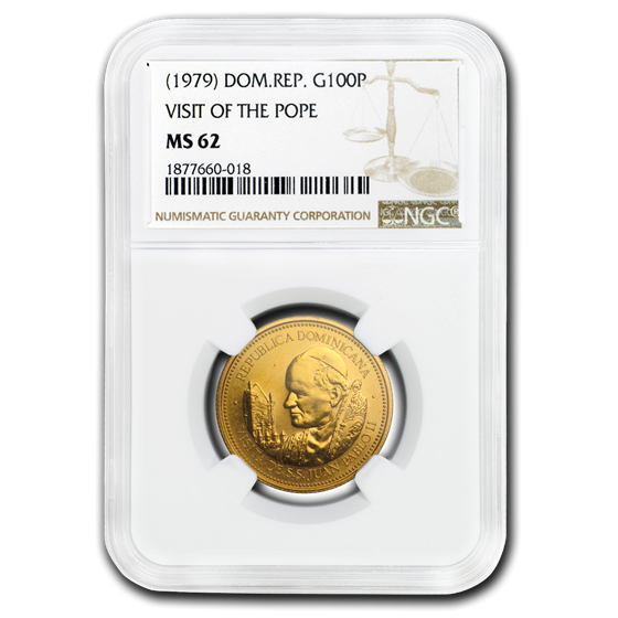 1979 Dominican Republic Gold 100 Peso Pope John Paul II MS-62 NGC 1979 Dominican Republic Gold 100 Peso Pope John Paul II MS-62 NGC